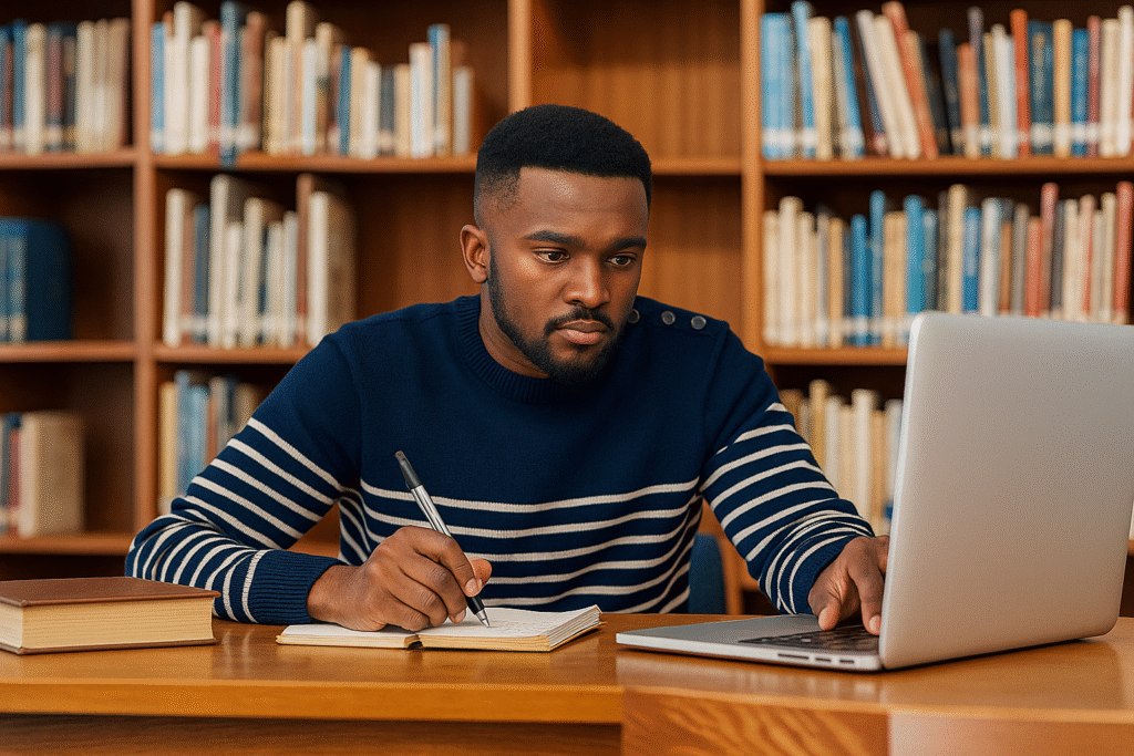 Man writing an winning scholarship essay